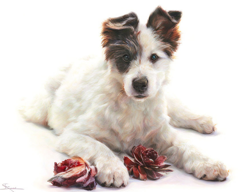 Adorable White and Brown Puppy with Perked Ears and Red Pine Cones