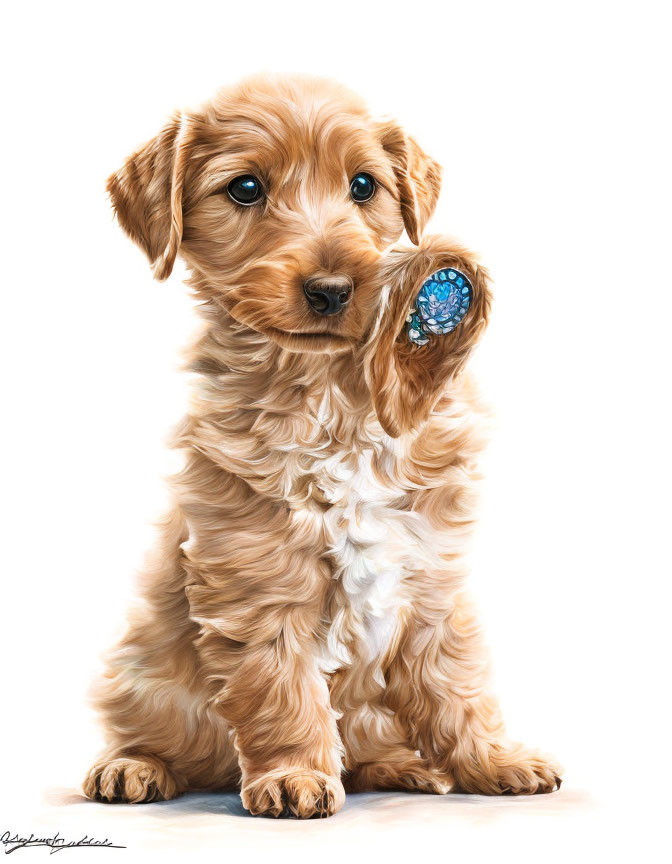 Fluffy golden puppy with blue pocket watch paw raised