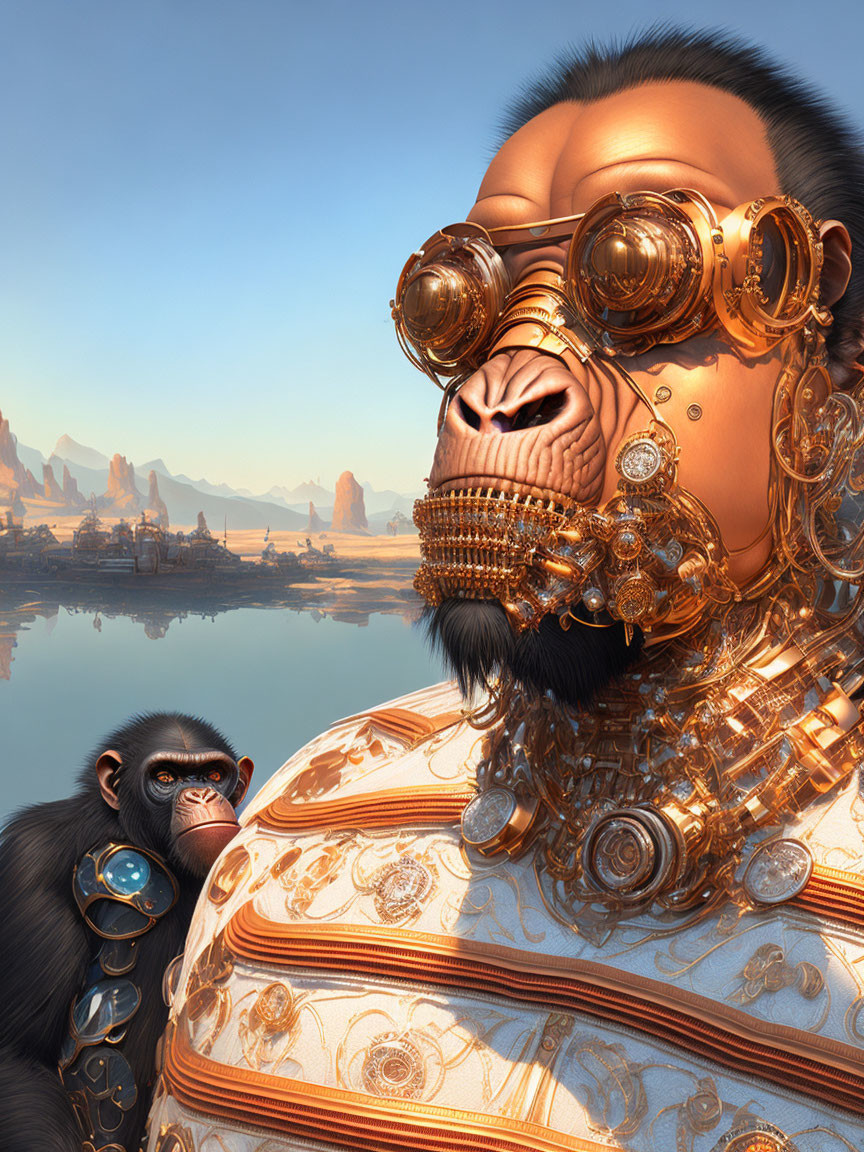 Surreal steampunk robotic gorilla head with gold gears and natural gorilla in landscape