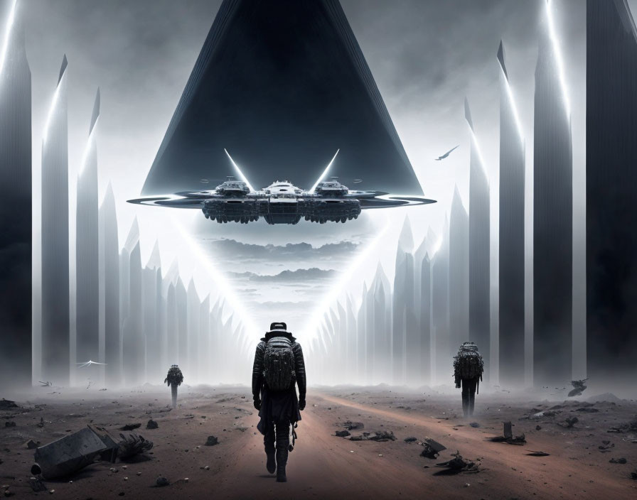 Figures walking to colossal pyramid spaceship in misty sci-fi scene