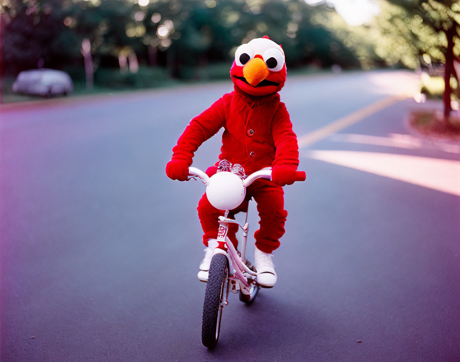 Person in Elmo costume rides white bicycle on tree-lined street