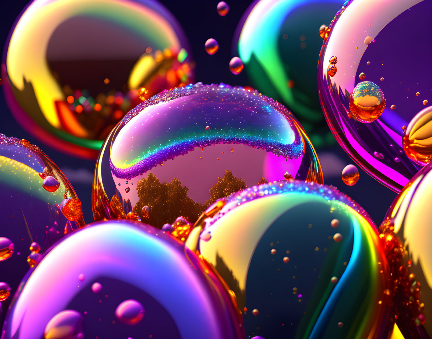 Colorful iridescent bubbles on shiny backdrop