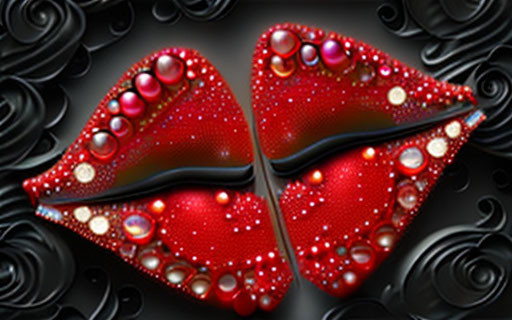 Stylized red hearts with sparkling accents and beaded details on black background with embossed rose patterns