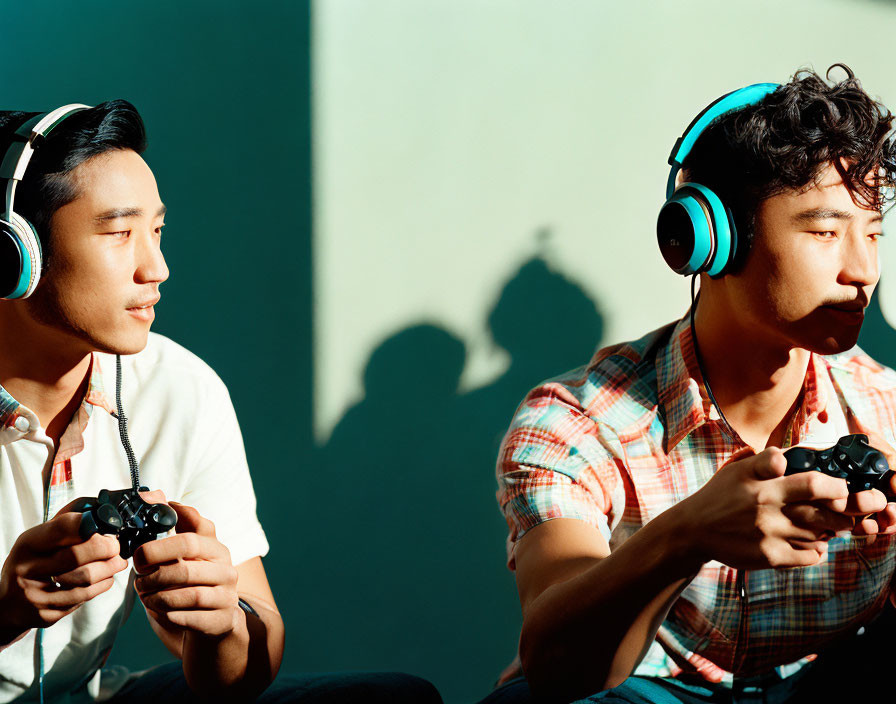 Two Men Playing Video Games with Controllers on Green Background