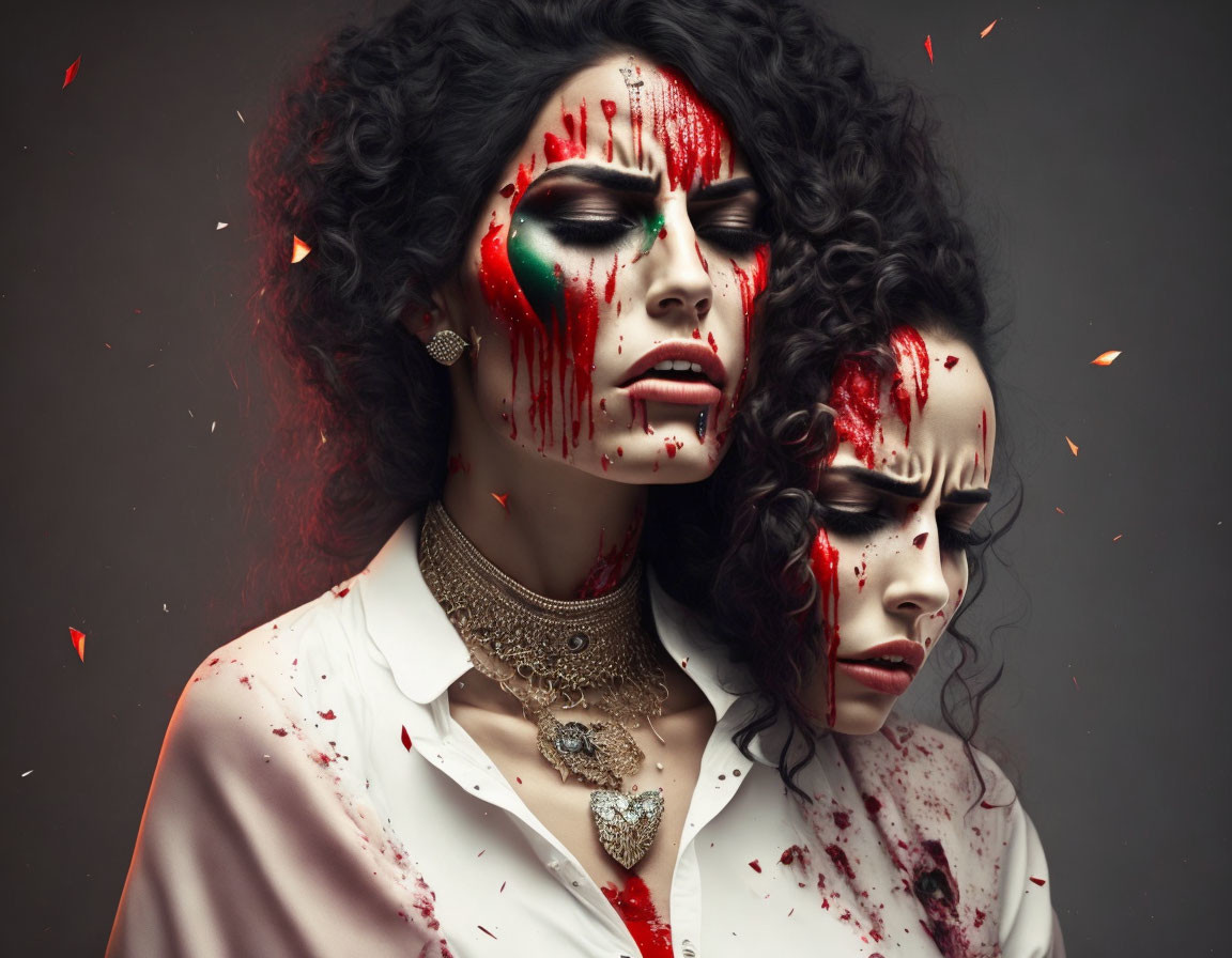 Two women with dramatic makeup and blood-like splatters and elegant jewelry in dark, emotional scene