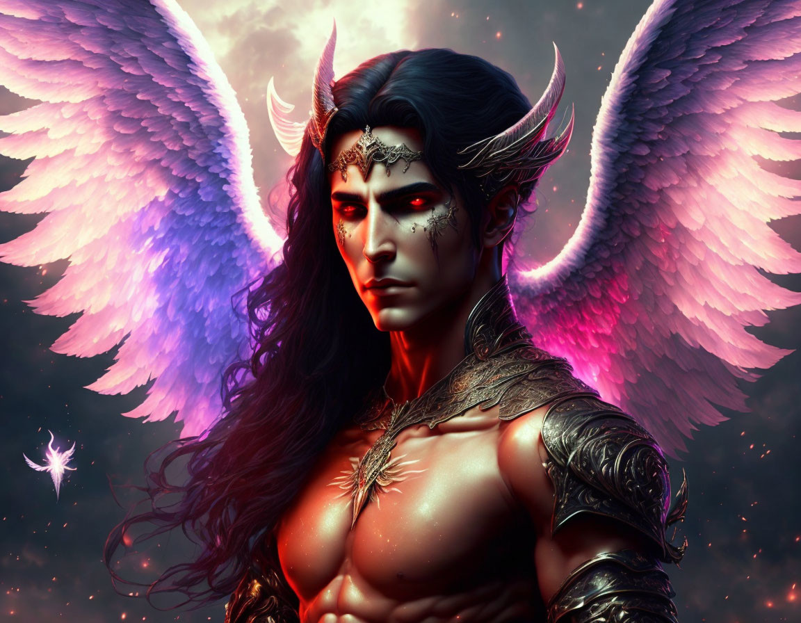 Mythical warrior with pink-tinged wings in dark fantasy armor