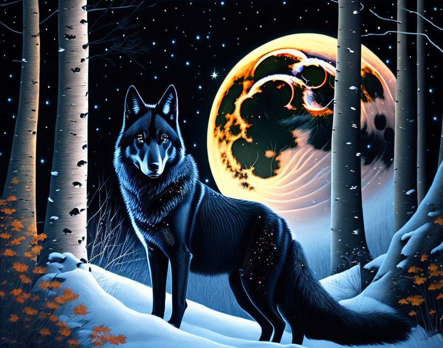 Black wolf in snowy forest under full moon and stars.