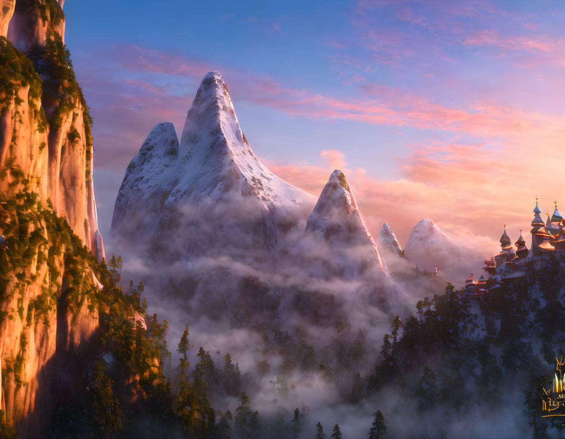 Snowy mountain peaks at sunrise near cliff and village with spires