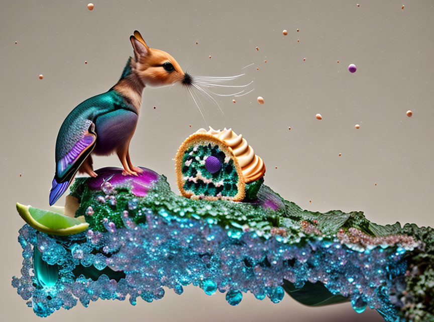 Mythical bird-bodied creature with fox head on vibrant structure with fruit and pastry