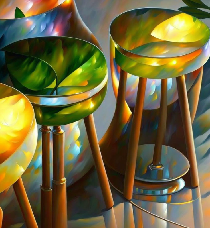 Colorful surreal painting: Glass-like objects, wooden elements, light, shadows