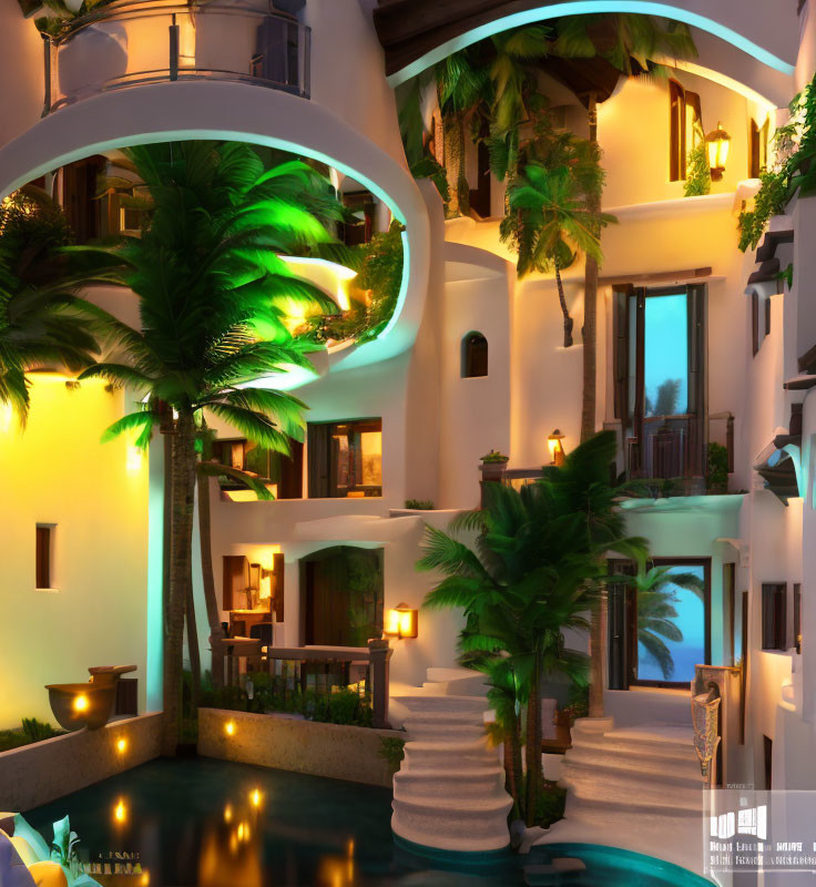 Luxurious Tropical Resort at Twilight with Illuminated Balconies and Tranquil Pool