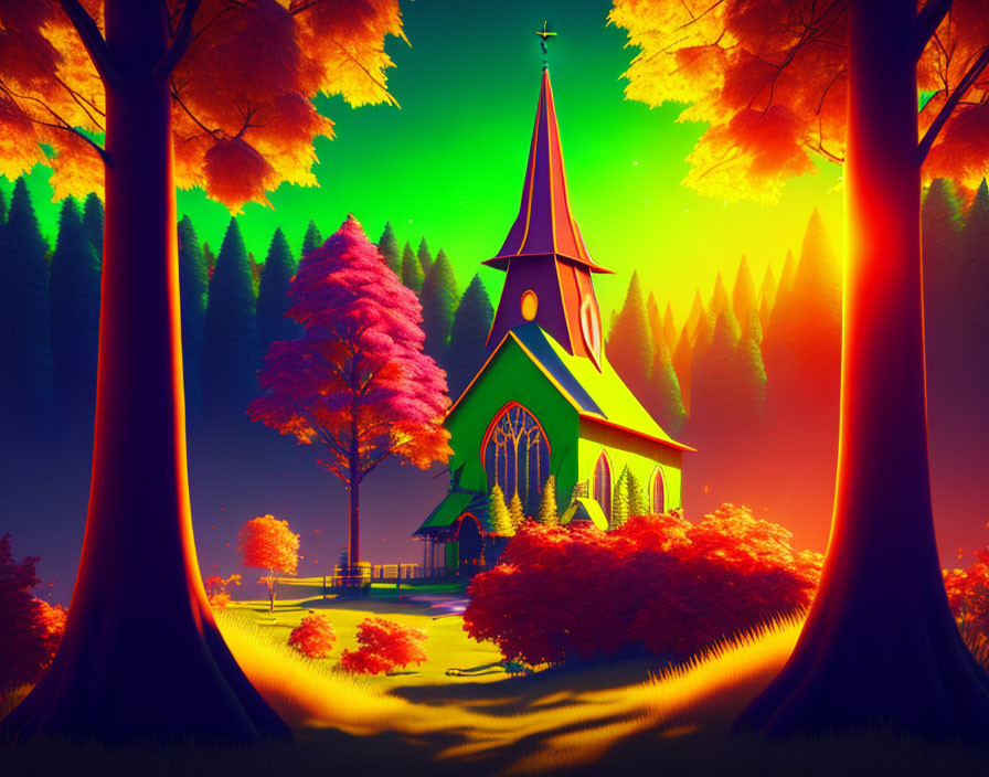 Autumnal chapel illustration with vibrant green and orange glow