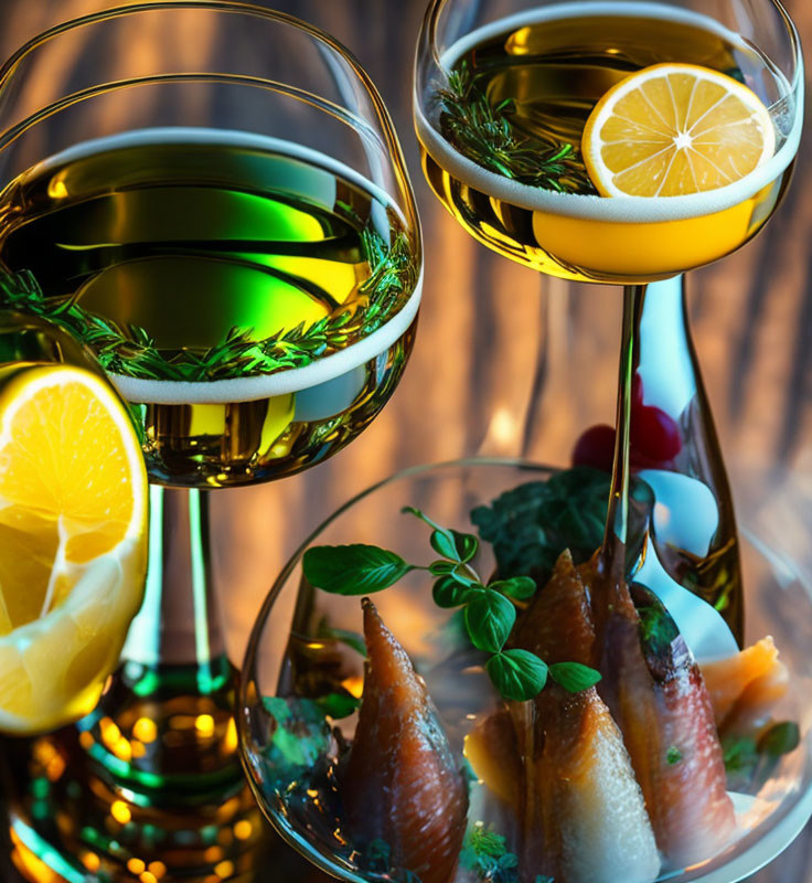 Cocktails with Lemon and Herbs, Smoked Fish Appetizers on Wooden Surface