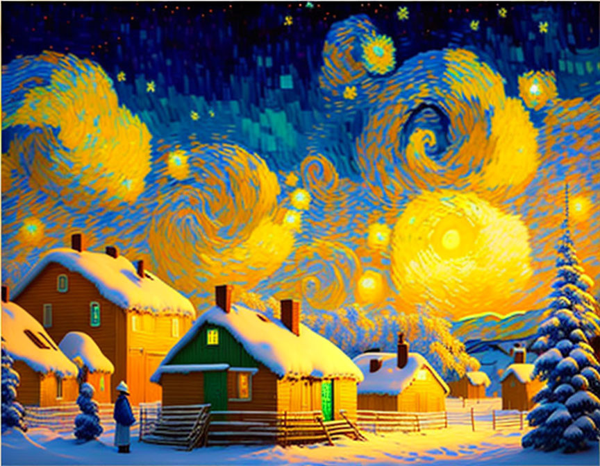 Winter scene with swirling night skies over snow-covered houses and trees