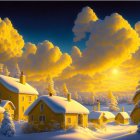 Winter scene with swirling night skies over snow-covered houses and trees