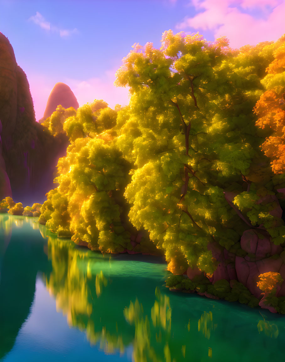 Tranquil river scene: Green trees, golden sunset, serene cliffs