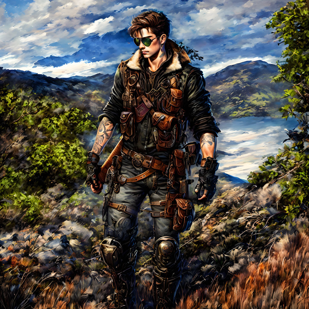 Tattooed person in leather jacket and harness in mountain landscape