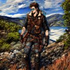 Tattooed person in leather jacket and harness in mountain landscape