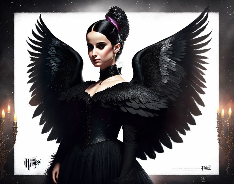 Woman with dark avian wings in black feathered dress and hair accessory, surrounded by candles.