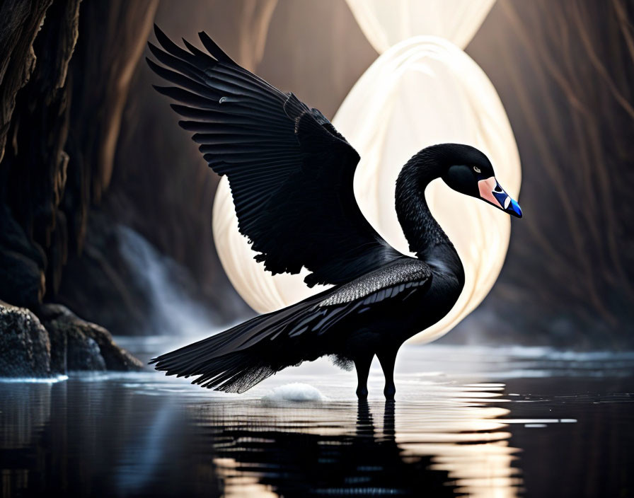 Black Swan with Extended Wings in Illuminated Cave-like Setting