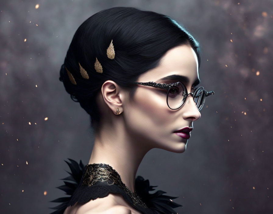 Stylish Woman with Gold Leaf Hair Accessory and Feather Details