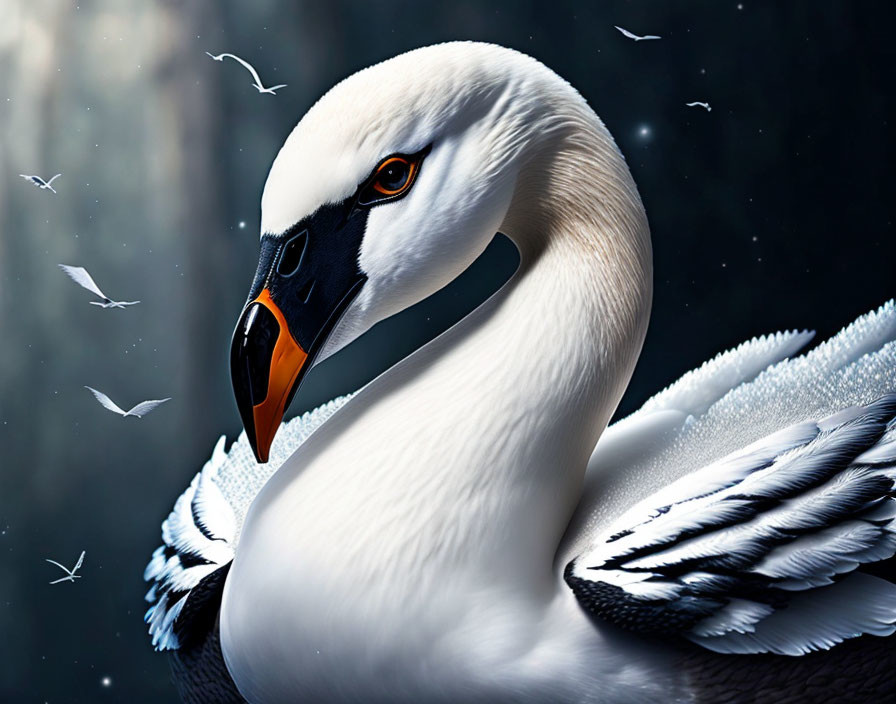 Close-up of swan with orange beak and white feathers among flying birds and dark bokeh.