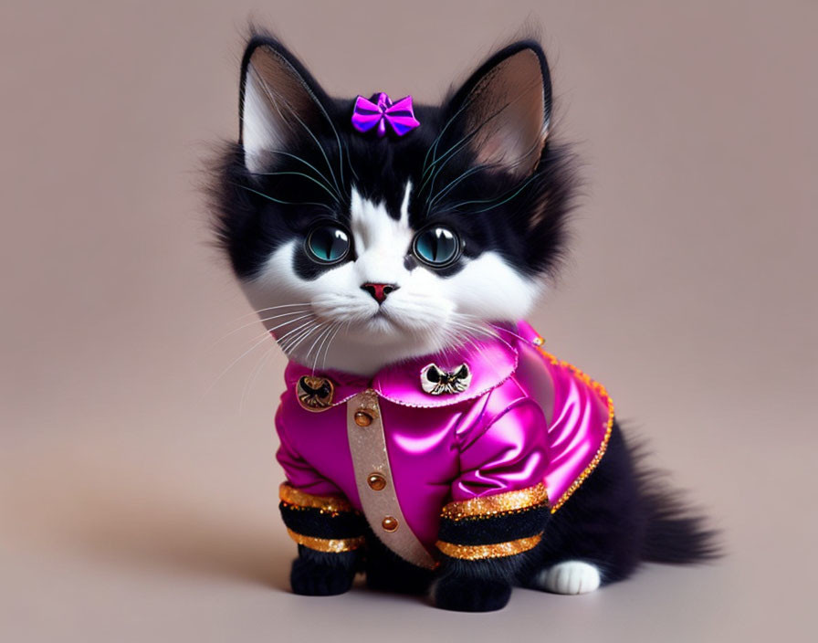 Tuxedo Kitten in Purple Jacket with Golden Trim