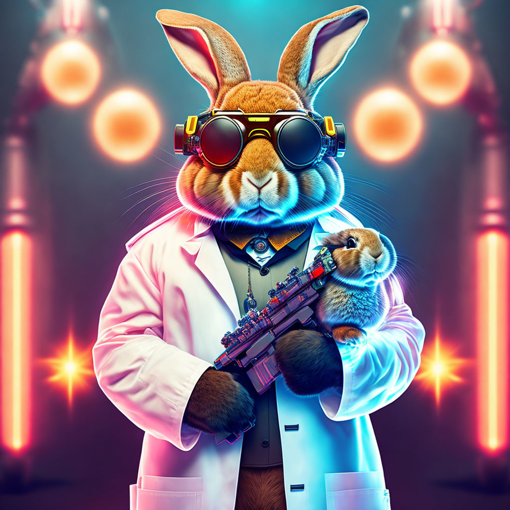 Anthropomorphic rabbit in lab coat and goggles with miniature version in bright light.