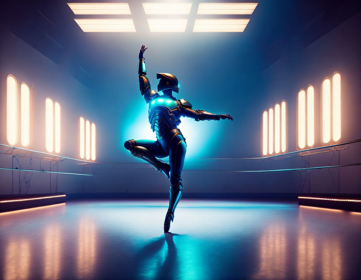 Futuristic figure in dynamic dance pose with illuminated panels