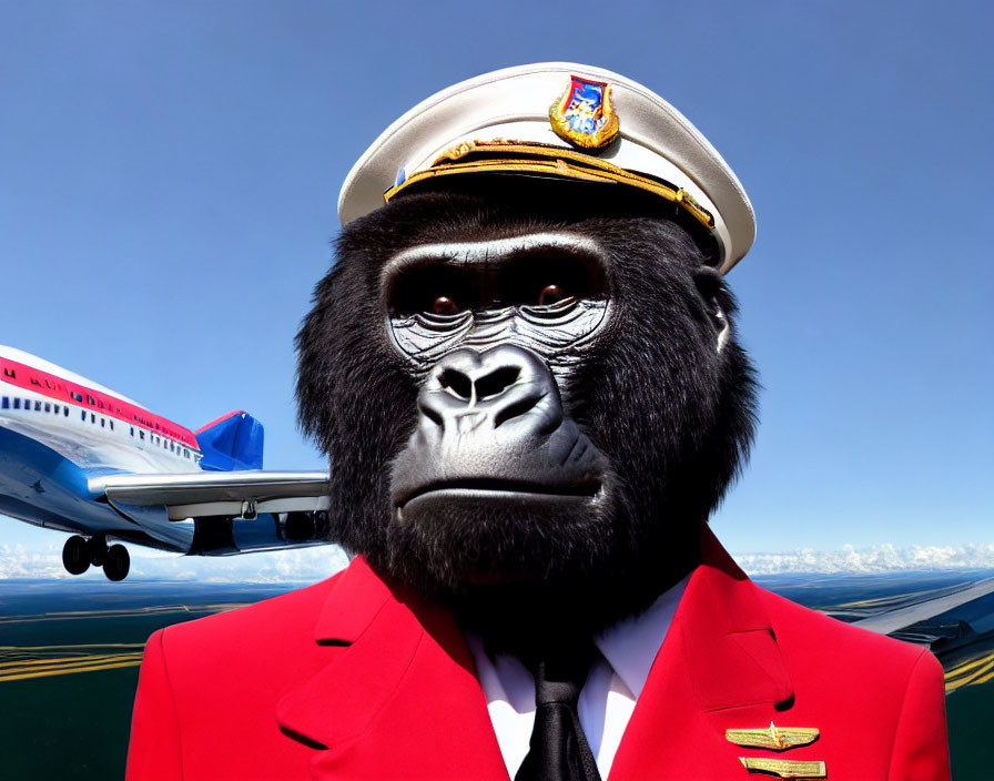 Digital artwork of gorilla in pilot's uniform with airplane.