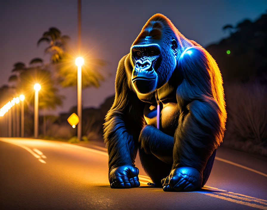 Silverback Gorilla with Glowing Blue Outlines on Road at Dusk