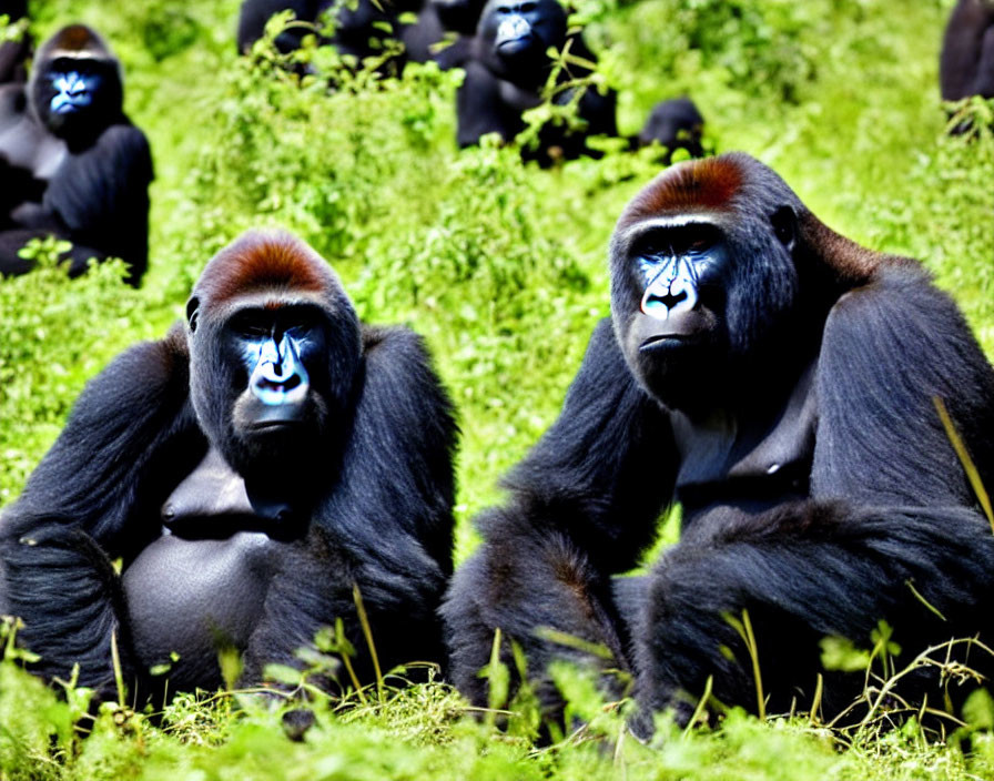 Gorillas with Blue Faces in Green Foliage