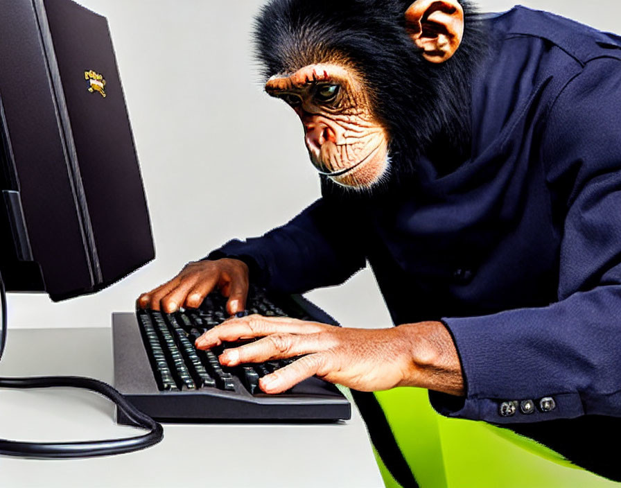 Chimpanzee in formal suit typing on computer keyboard