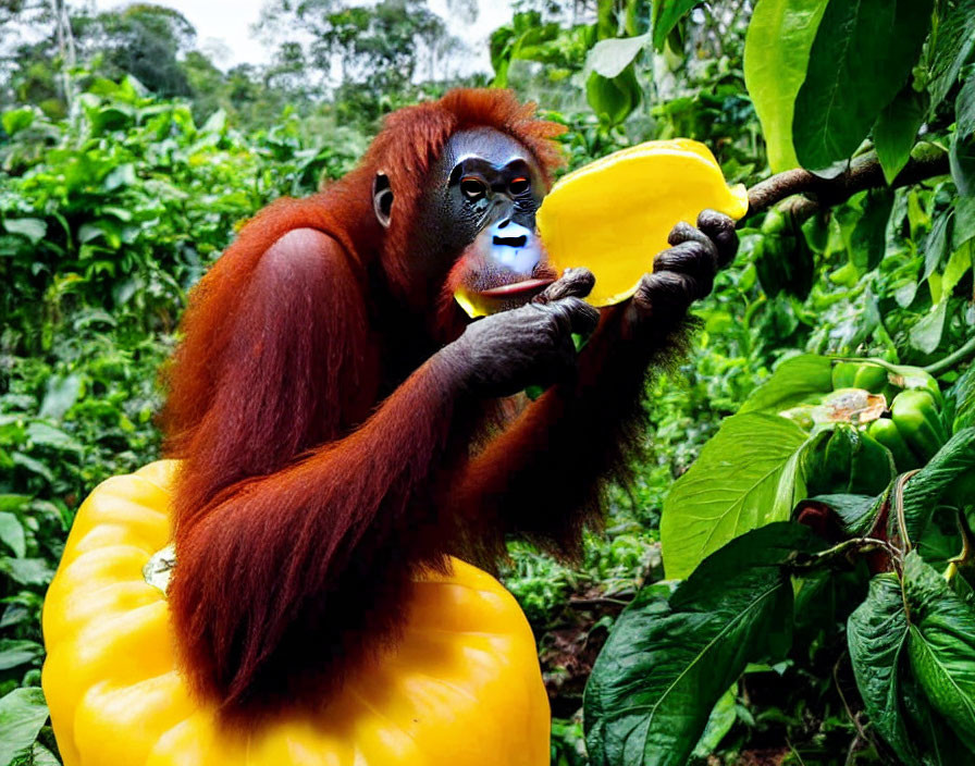 Auburn Orangutan on Yellow Ring with Yellow Fruit in Green Forest