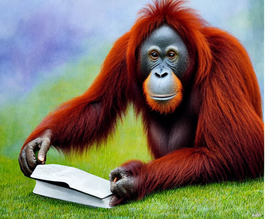 Orange-furred orangutan reading book on grassy surface