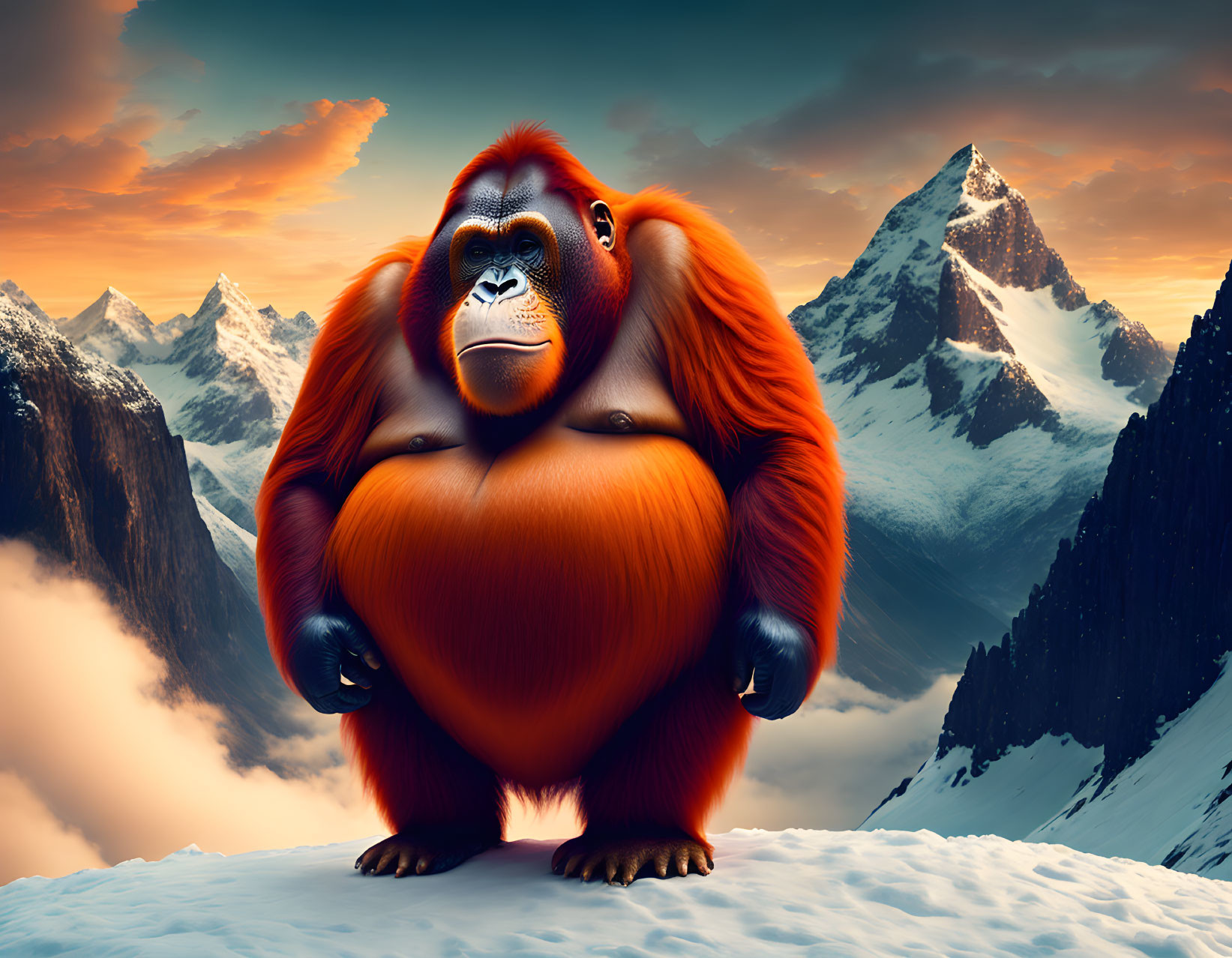 Stylized orange gorilla in snowy mountain landscape