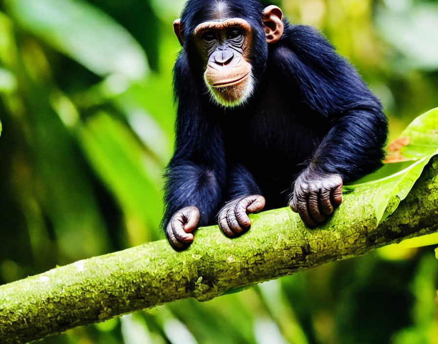 Chimpanzee sitting on green tree branch in lush forest