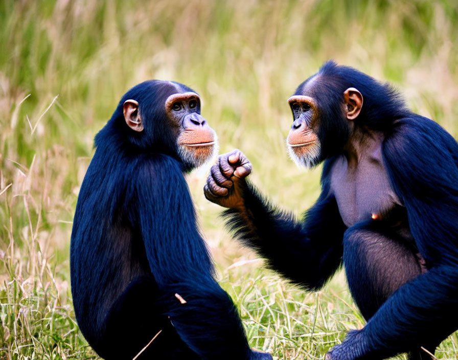 Chimpanzees sitting in grass, one extending hand to the other