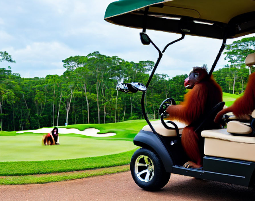 Digitally altered image: Baboons in golf cart on lush course