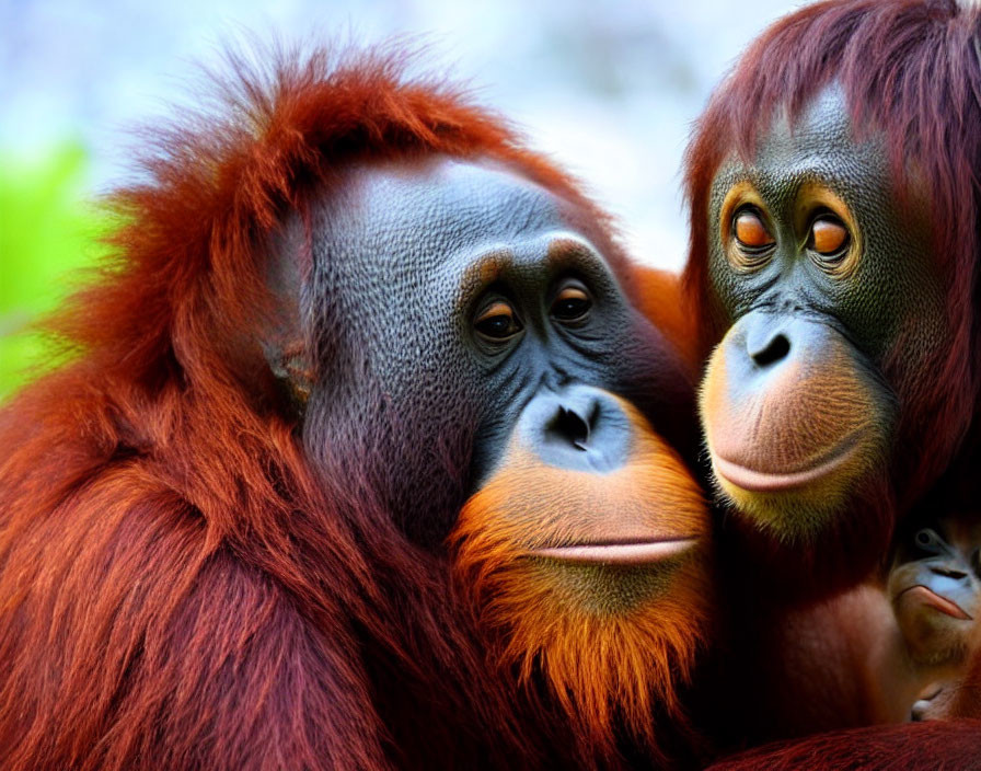 Orangutans with rich fur colors in close family bond