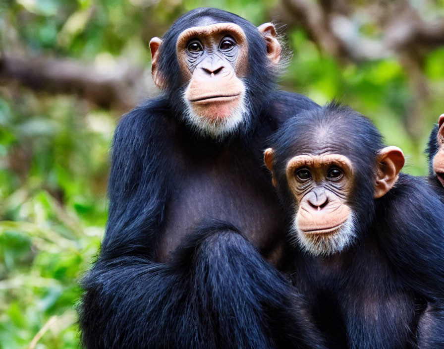 Chimpanzees with expressive faces in greenery