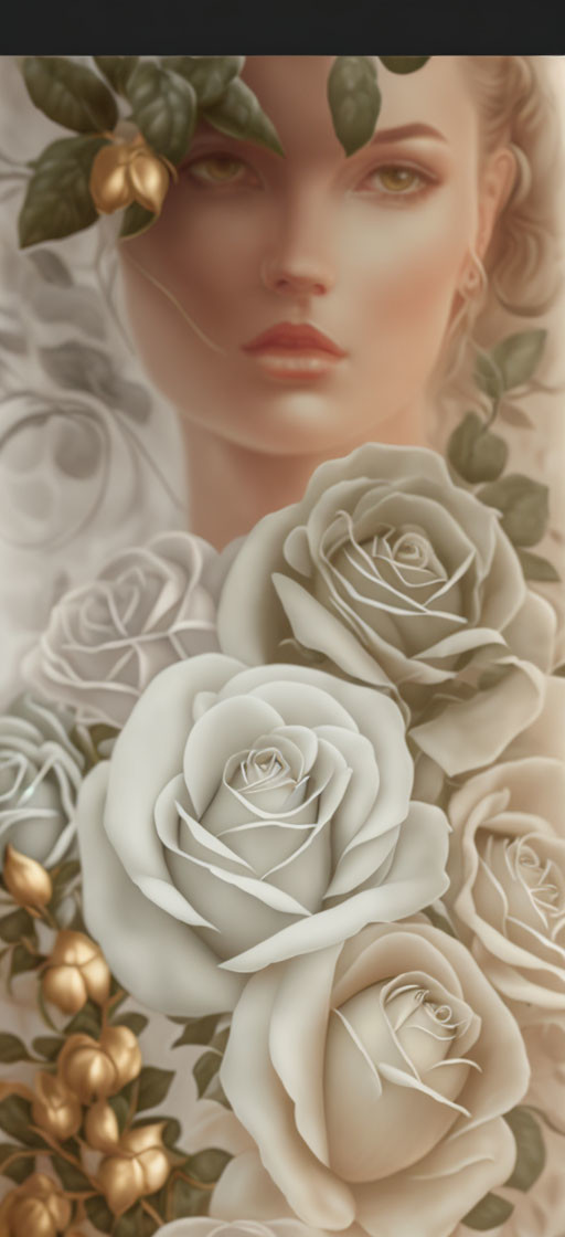 Digital artwork: Woman's face with white roses and green leaves, serene expression, golden highlights