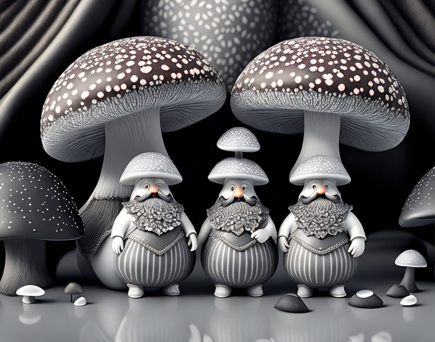 Whimsical mushroom-themed characters on grey background