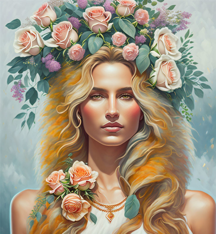 Woman portrait with golden hair and flower crown: serene and mystical.