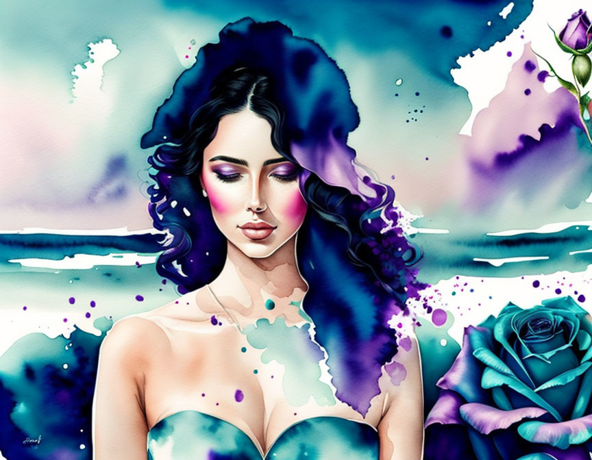 Dark-haired woman with purple eyeshadow in watercolor illustration