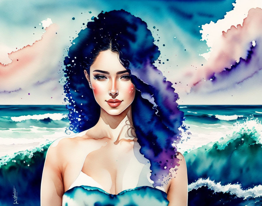 Colorful Watercolor Illustration of Woman with Blue Curly Hair by the Sea