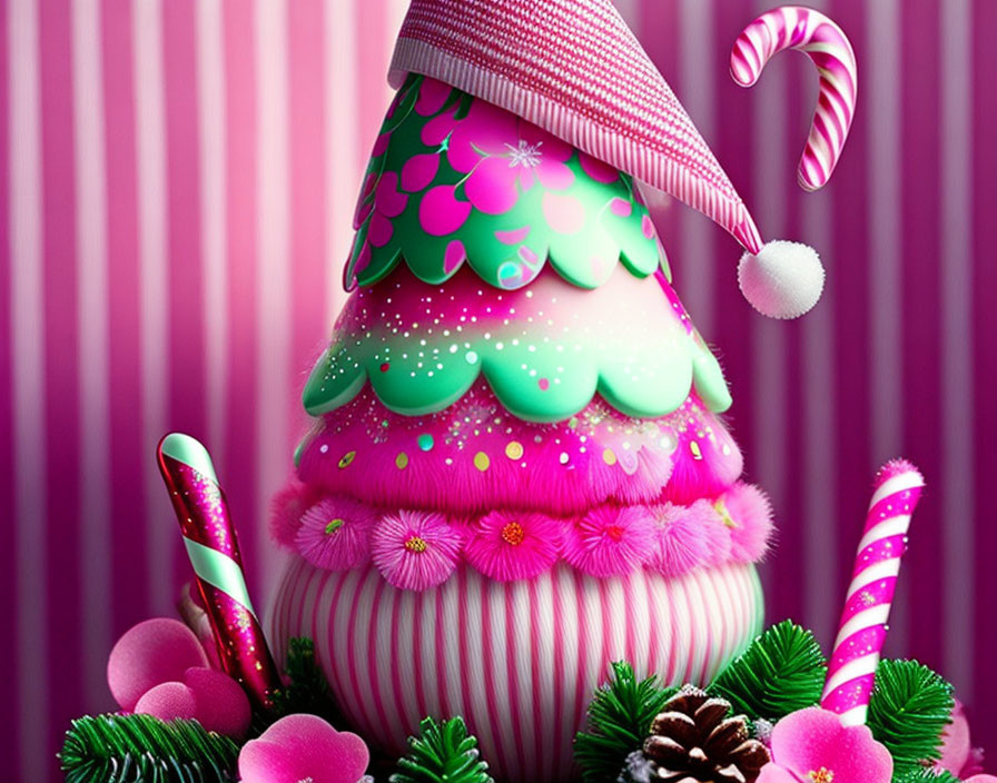 Whimsical Christmas tree with pink and green decorations