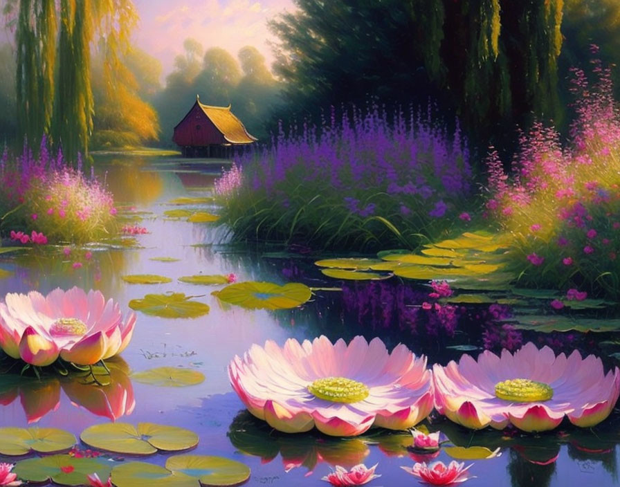 Tranquil pond scene with lotus flowers, lily pads, hut, trees, and purple