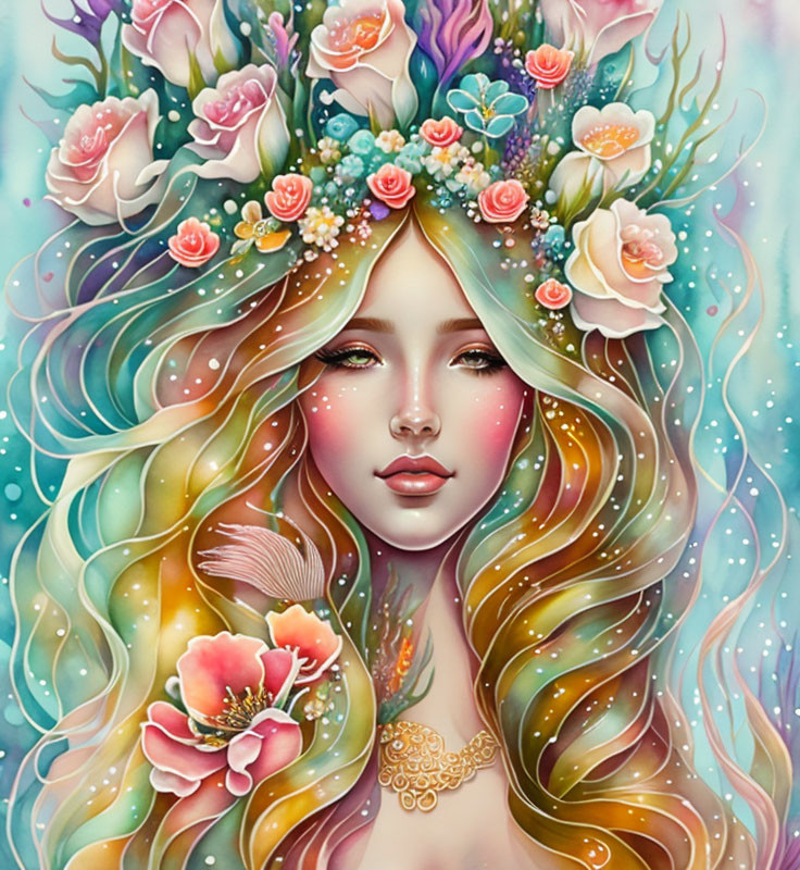 Colorful portrait of a woman with floral crown and freckles