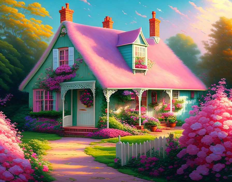 Pink-roofed cottage in lush garden at sunset